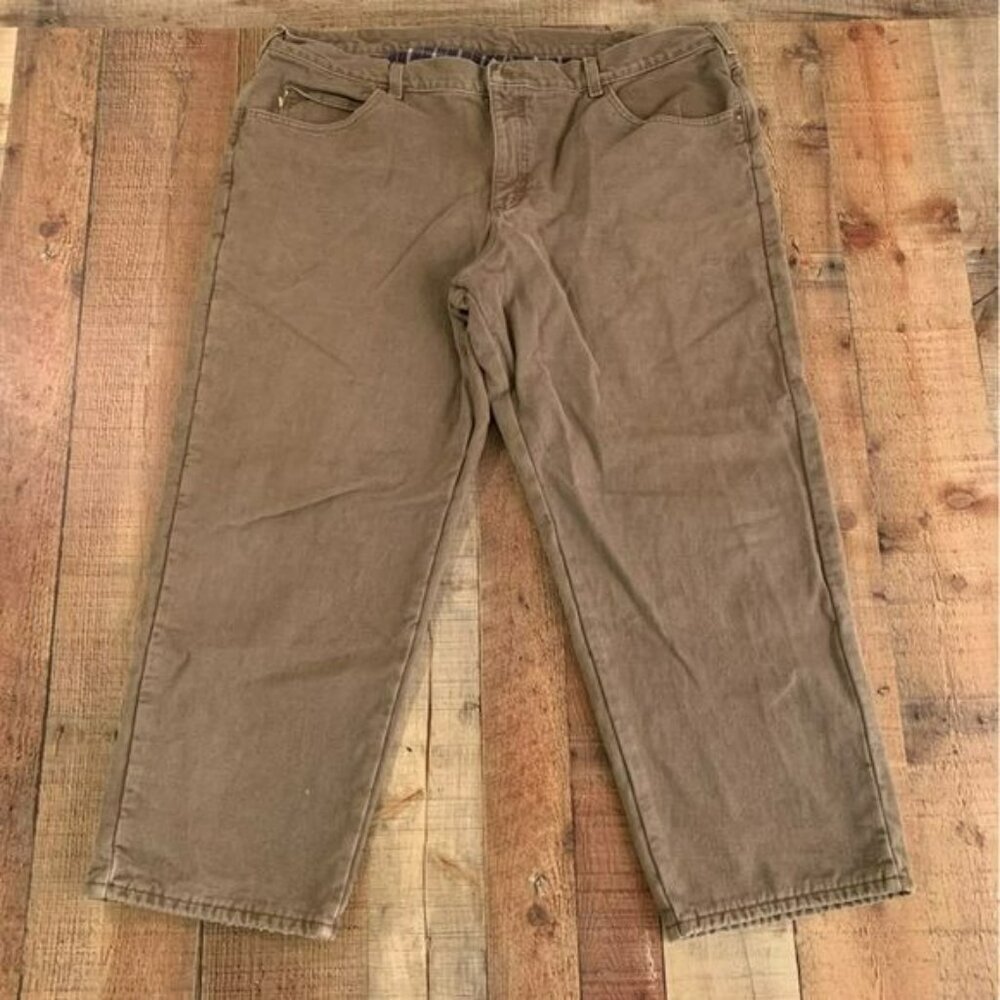 L. L. Bean mens khaki green straight leg denim jeans with plaid lining